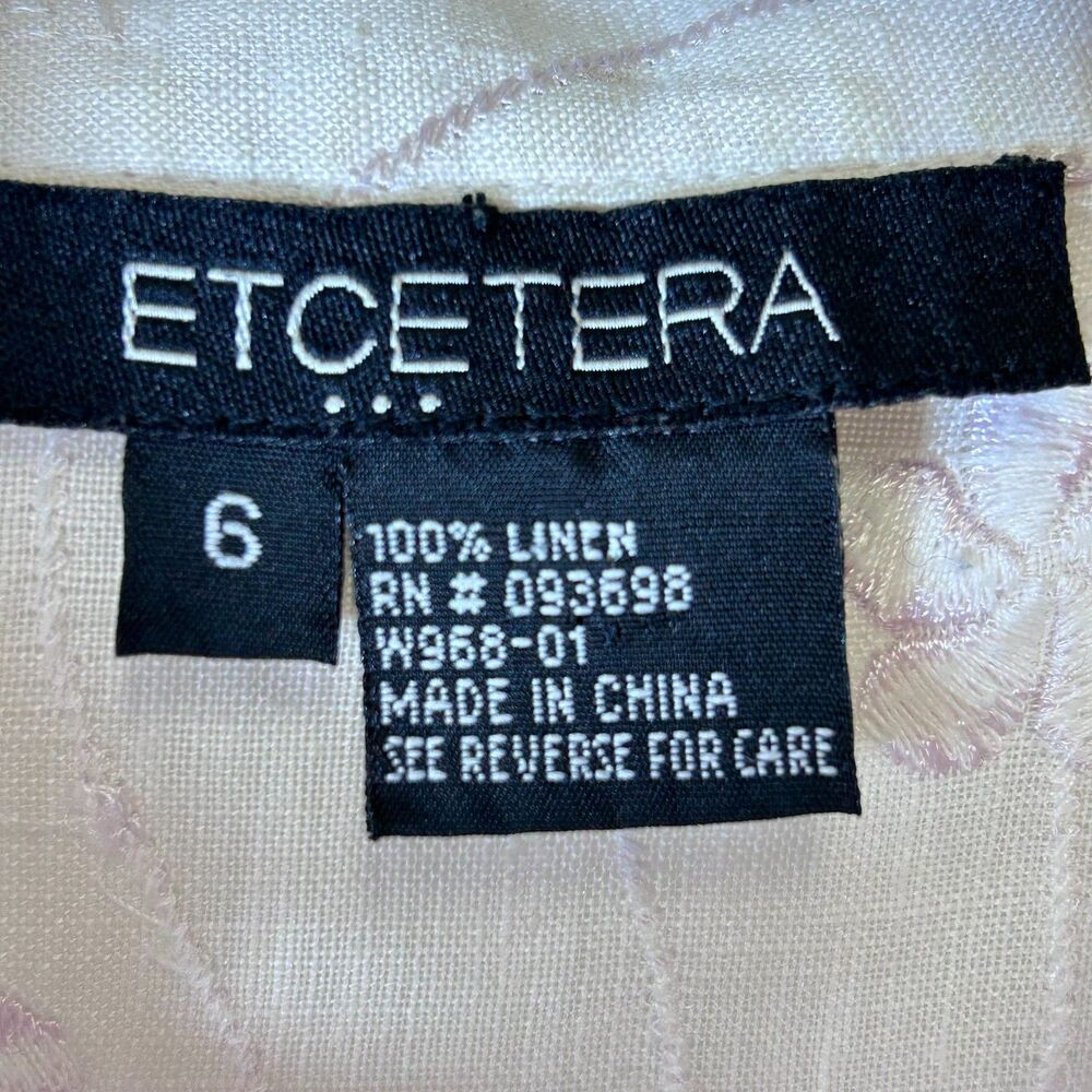 Etcetera Women's Pale Lavender Embroidered 100% Linen 3/4 Sleeve Blouse Size 6 - Picture 7 of 12